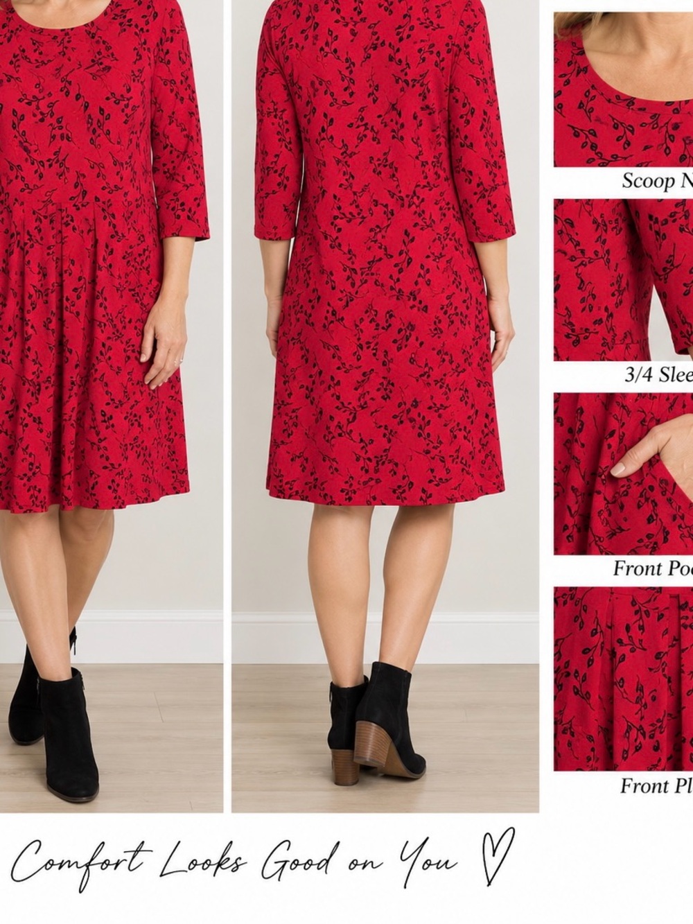 NorthStyle Red Scoop Neck Midi Dress with Black Leaf Print